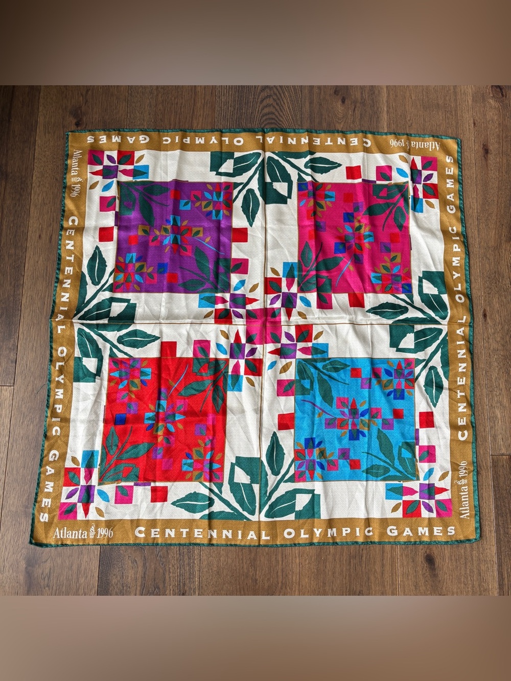 Vintage 1996 Olympic Games Silk Scarf Multicolor Floral Print Italy Retro 90s